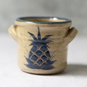 Mahon Pottery vintage blue tan country pineapple mini small crock